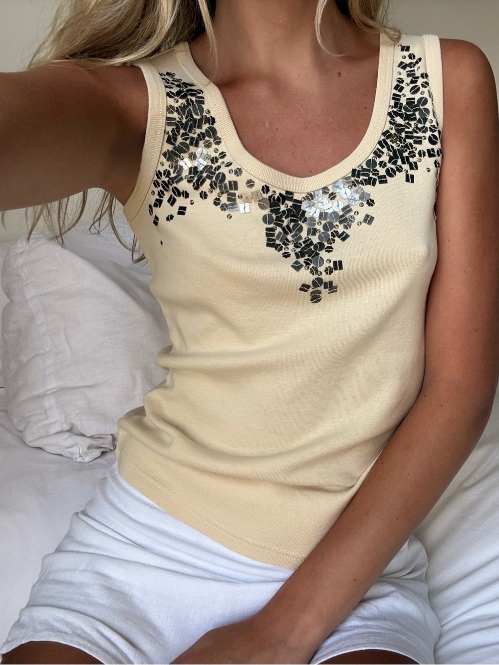 90's y2k sequin Cream Tank Top - Women's Sleeveless Top